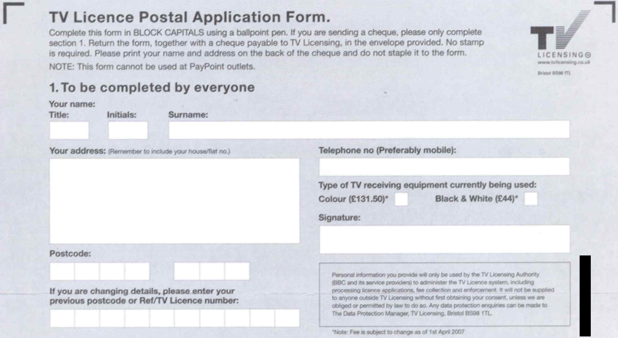 TV Licence application form